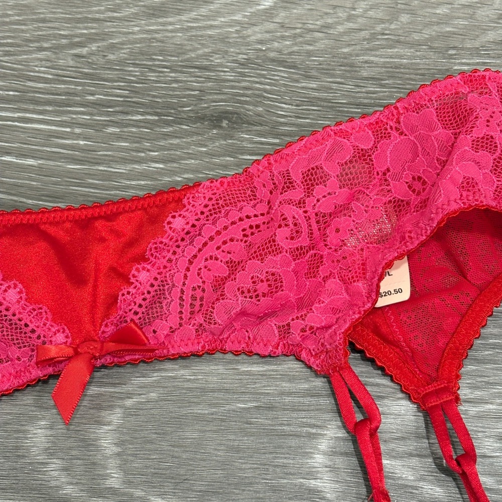 Victoria's Secret Deadstock '10 Red Pink Lace Satin Garter Belt M/L New Coquette - Picture 4 of 13